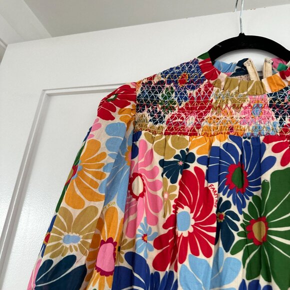 Farm Rio Sunny Daisies Mini Dress Floral Smocked High Neck Puff Sleeves Size XS - Picture 8 of 10